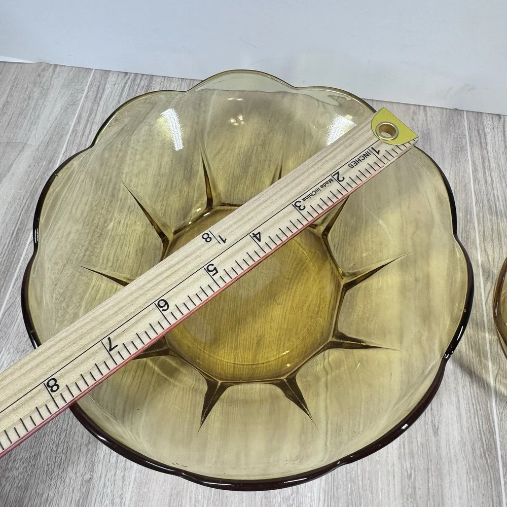 Vintage Amber Glass Serving Bowl Set Retro Scalloped‎ Dessert Fruit Bowls